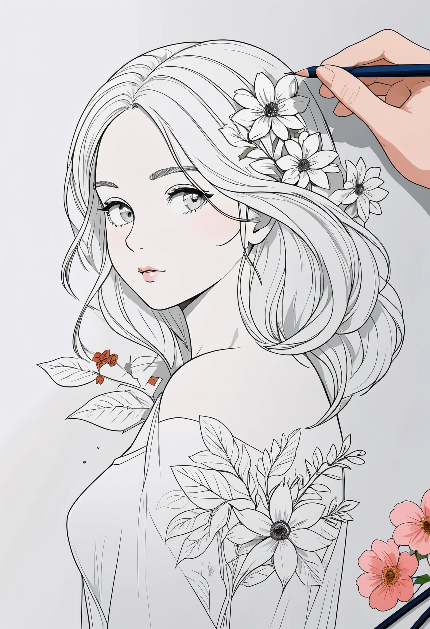 Girl with flowers,Vector Art, flattened at the end of the hair, Smooth Line Art , minimalism, graphic design aesthetic , flat illustration , (Masterpiece, best quality, perfect composition, is very beautiful, HIGH RESOLUTION, super detailed, complicated details, Professional, Official Art, Representative works:1.3)