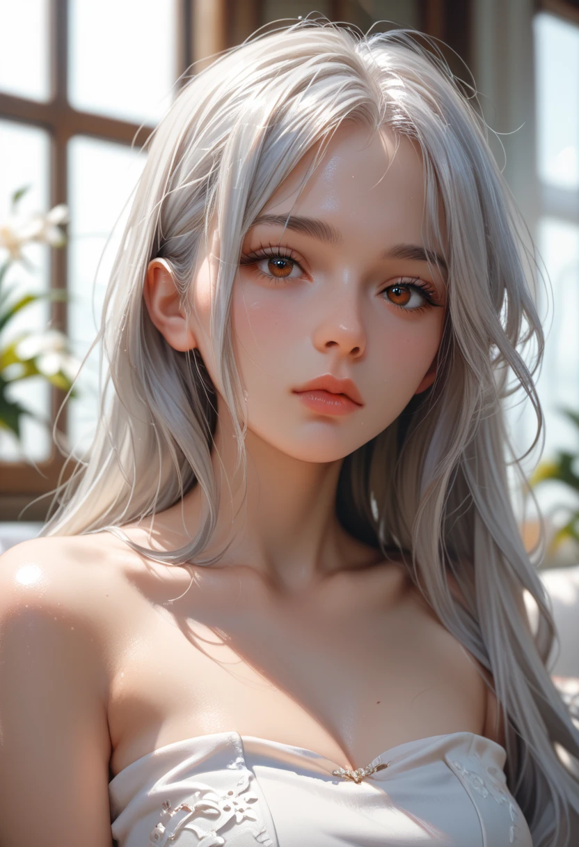 1 girl, (highest quality:1.4), (super detailed), (detailed light), (Highly detailed beautiful face), wonderful face and eyes, gray hair, Beautiful sheer lace details, beautiful breasts, nipple, Highly detailed CG integrated 8k wallpaper, High resolution raw color photos, professional photos, dynamic lighting, Depth of bounds written