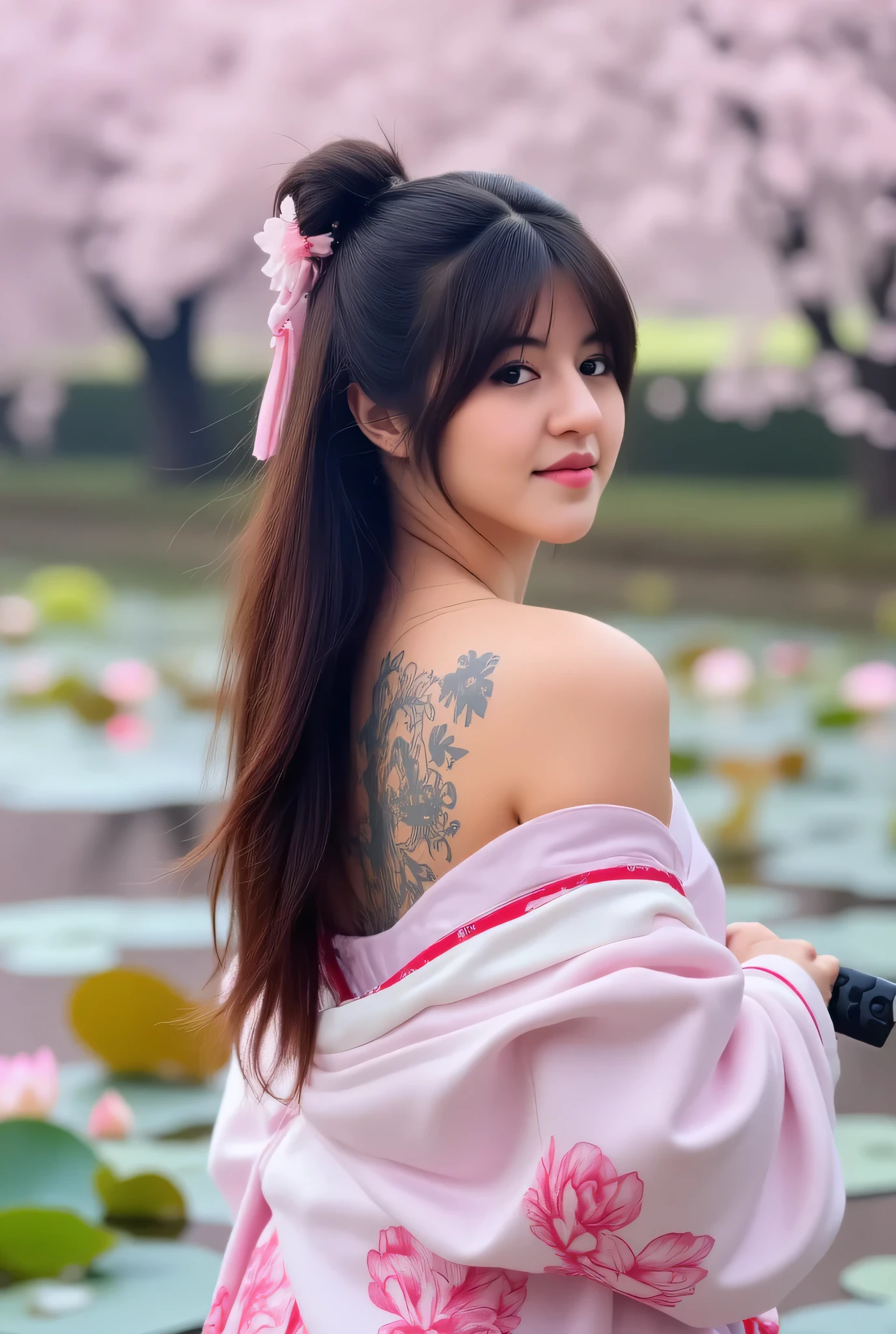 A young woman with long, flowing black hair, adorned with pink cherry blossom accents, gazes over her shoulder. She wears a delicate pink kimono featuring floral patterns, revealing intricate tattoos of pink lotuses and a dragon on her back. Standing in serene water, she holds a katana at her side, surrounded by blooming lotus flowers. The background is softly blurred with cherry blossom trees, creating a tranquil and ethereal atmosphere.