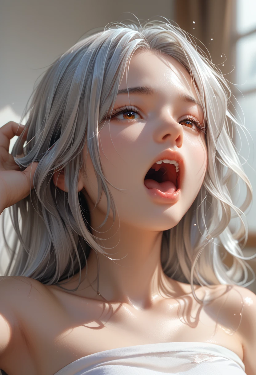(Older sister),(Very white skin),, Highest quality, Very detailed, finely, High resolution, 8k wallpaper, Perfect dynamic composition, Detailed and beautiful eyes, (Beautiful deformed teeth),Natural Lip, Cleavage, (Laugh with your mouth wide open:1.1),((Inside a detailed and beautifully arranged mouth:1.2)) (orgasm:1.4),Exhibitionism,((Completely naked)),(Abnormally erect nipple:4.0), (Browsing Caution), (Flabby body:1.2), ((bukkake:1.5)),Big and beautiful buttocks,(Being used as a masturbation pet),Crouching,(Leg spread:1.4),(Femme fatale),(Sweaty hair),(Disheveled Hair),(Very saggy soft breasts:3.0),(Excited to be seen),(She's showing off her boobs and seducing me),bewitching,Pull your together,(Sweating all over:1.5),Very big and sexy ass,Long and beautiful legs,(A smile of pleasure),(A-cup small boobs:7.0),Beautiful black hair