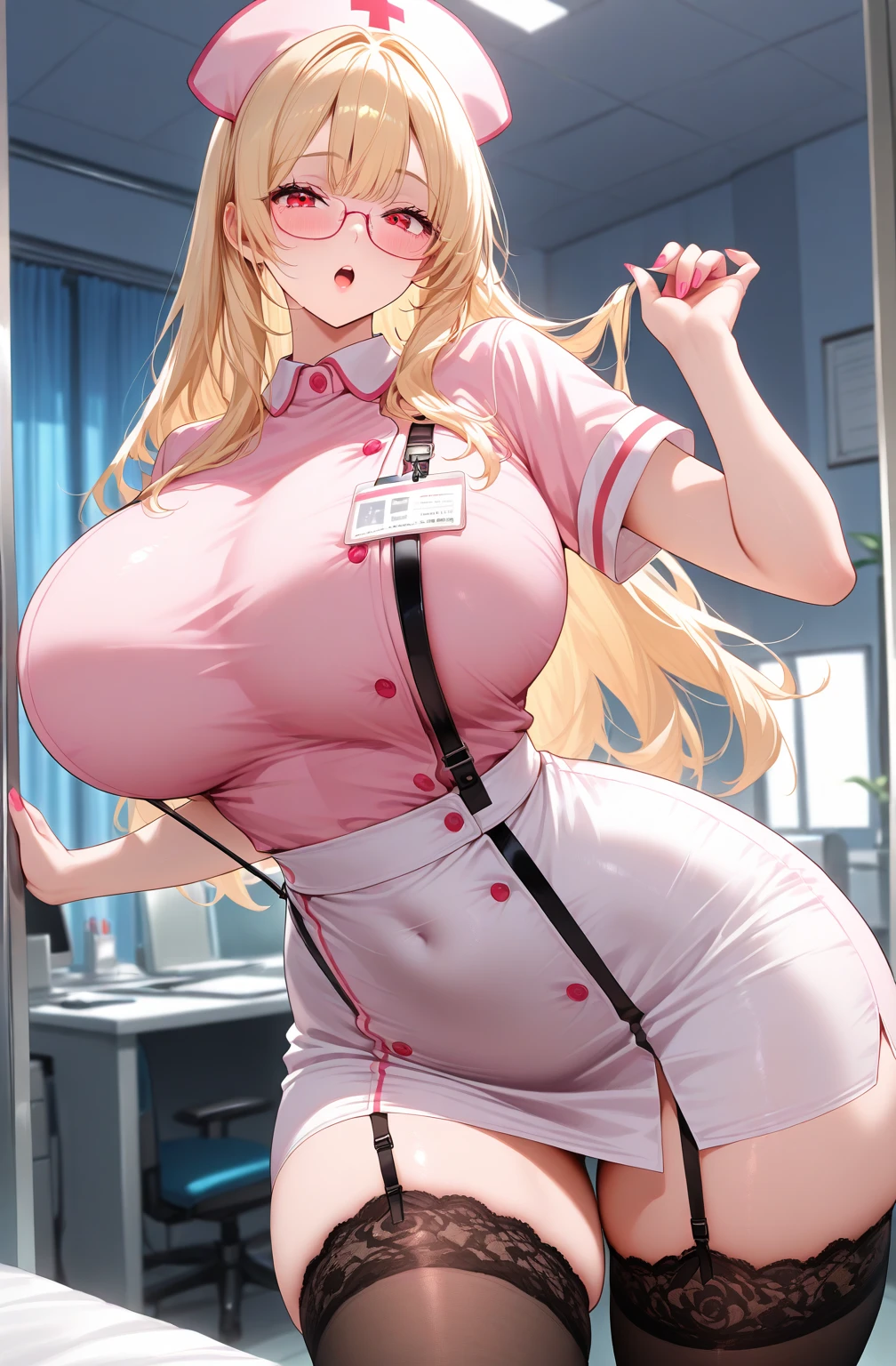 (nsfw:1.5),(masterpiece),(Highest quality:1.2),1 Girl,(Masseter muscle area:1.3),Exquisite detail, Highest qualityの8K解像度, Very detailed, Realistic, Bright colors, Soft tones, Warm and gentle lighting, (Pink nurse uniform:1.3), (Short blonde:1.5),(Middle parted hair:1.3),(Shiny Hair),(blue eyes:1.3), (Big Breasts:1.5), (show off nipples:1.3), White skin, Valletta, (Hospital room:1.3),