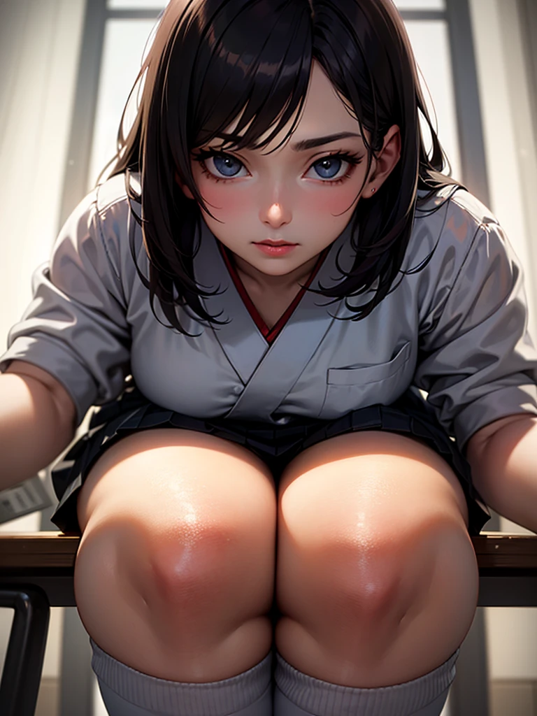(((solo))),(((1 girl))), beautiful, illustration, extremely detailed skin, masterpiece, best quality, extremely detailed face, vibrant colors, depth of field, cinematic lighting,, 1girl, solo, brown eyes, brown hair, hair ornament,short hair,green plaid skirt,, white shirt, yellow sweater vest,Masterpiece Top Quality High Resolution、Anna Tanaka , Sit with your knees bent、Eight-headed body、beauty legs 、in a school、As if looking up from below、Ashamed,nsfw,white panty,cameltoe