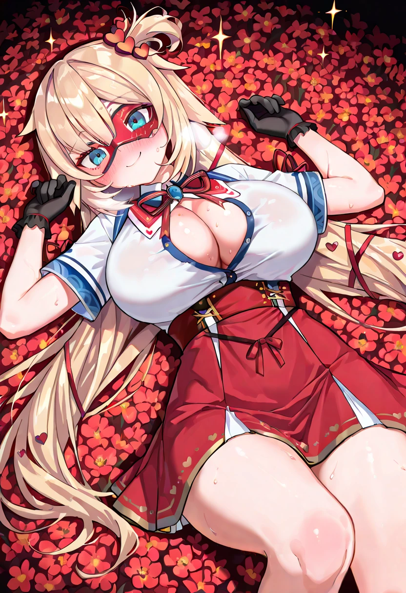 score_9, score_8_superior, score_7_superior, score_6_superior, an awesome wallpaper with art and kinky character on the left side with hearts on it, 1girl, breasts, one eye closed, long hair, animal ears, green eyes, thighhighs, blonde hair, solo, heart, navel, smile, open mouth, sweater, very long hair, pink hair, large breasts, underboob, white background, arm up