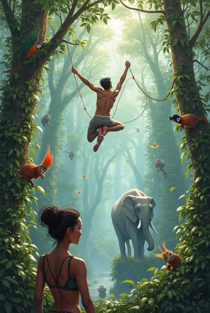 a banyan tree in a mouth of a lake , one elephant trying to fall the tree , in a branch a men is hanging by hand  , benith is water and snakes , 1 white and one black rated trying to cut the branch which men has hanged, above the mens one branch have honeycolony and honey is droping in mens mouth ,  a side bhgwan vishnu on thier garudh vahan trying to save men.