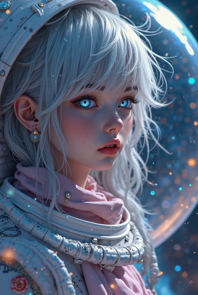 (Close-up of a better masterpiece:1.5)0.9], (Space and astronauts:1.2) (Messy silver hair:1.1) (Heterochromia xanthochromia and blue eyes:1.2) (Space Helmet:1.0) (ColCreate an ultra-high-resolution, photorealistic yet surreal wallpaper depicting the most attractive and mesmerizing scene in the universe—where cosmic beauty and dreamlike wonder collide. Combine these elements:

A galactic waterfall: A river of liquid stardust pouring from a nebula into a black hole, glowing with bioluminescent hues (electric blues, violets, and molten gold).

Floating celestial islands: Crystalline landmasses suspended in zero gravity, covered in alien flora that emits soft light, with auroras weaving between them.

A cosmic giant: A serene, godlike figure made of constellations (their robe swirling with galaxies) gently cradling a dying star, symbolizing creation and rebirth.

Infinite reflections: The scene mirrors itself in fractal patterns, as if space is folding into a divine kaleidoscope.

Style: Hyper-detailed (like ArtStation space art), but with a painterly, dreamy softness. Lighting: Ethereal glow with volumetric rays piercing through cosmic dust. Mood: Awe-inspiring yet tranquil—like the universe’s best-kept secret.ored stars in the eyes:1.0) (A radiant glow:1.1) (thick lips:0.9)