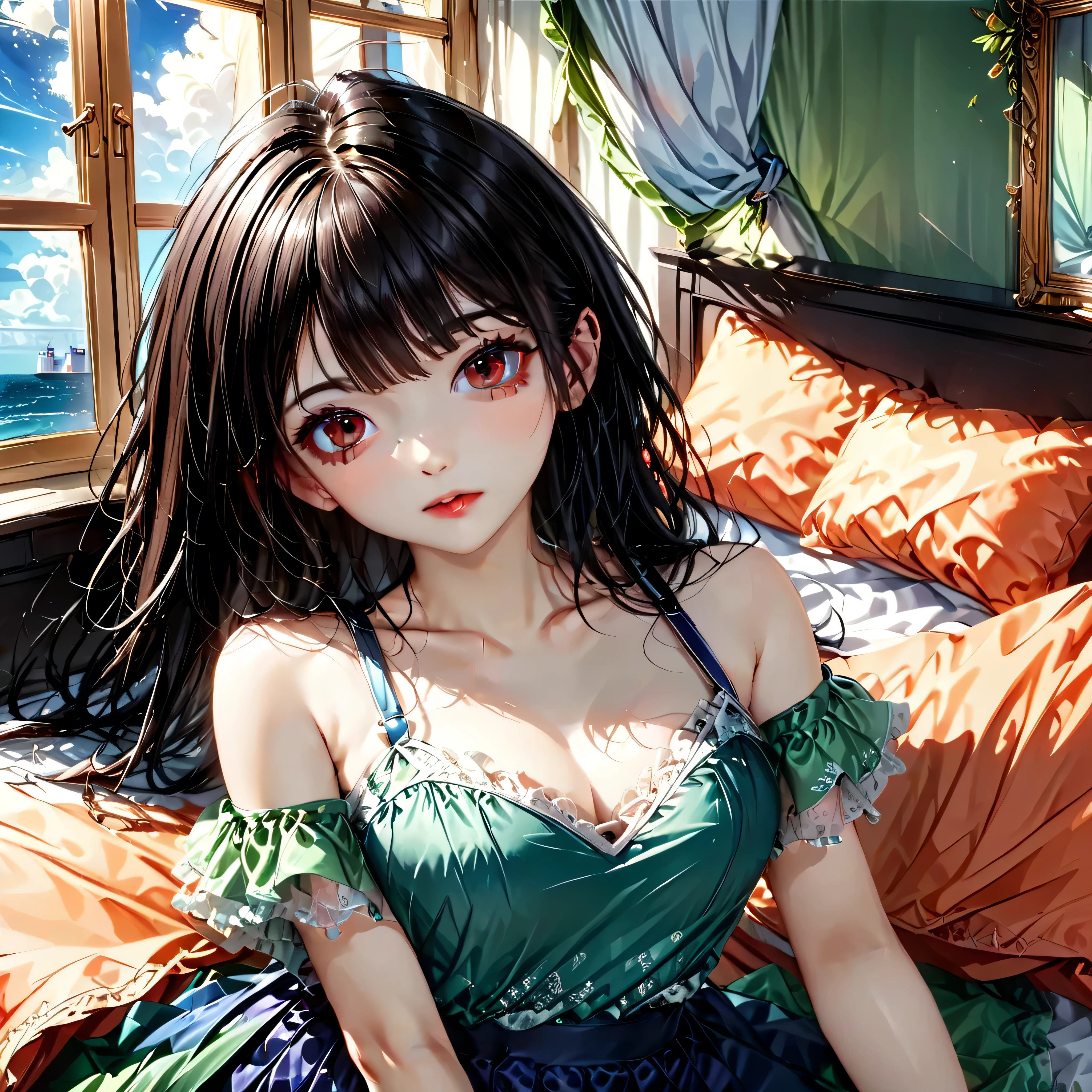 (Masterpiece, BestQuality:1.3), (ultra detailed:1.2), (hyperrealistic:1.3), (RAW photo:1.2), High detail RAW color photo, professional photograph, (Photorealistic:1.4), (realistic:1.4), professional lighting, perfect anatomy, (Big Breasts:1.1), (blush, detailed face), (cheerful Smile:1.5), Trending Hair&Trending Hairカラーをランダムに, earrings, necklace, bracelet, sexly, erotic sexly, Random sexy gravure poses, (A beautiful woman wearing a green see-through teddy、Lying sexy on the bed。With long hair、She propped herself up on one elbow and pulled her teddy down to reveal her chest.、A sexy pose with a provocative wink。:1.3)
