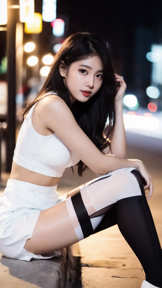 1 girl, best quality, masterpiece, high resolution, [purple|sublevel|green] _hair,White mini skirt, hair accessory, necklace, Jewelry, Pretty Face, Expected, Full body view, Practical, outdoor, Modern Plaza, Two-color lighting, (High Detail Skin: 1.2), 8K UHD, Digital SLR Camera, Soft Light, high quality, Volumetric Light, frank, photo, high resolution, 4K, 8K, Background blur，(Wear white pantyhose），Sitting，White top