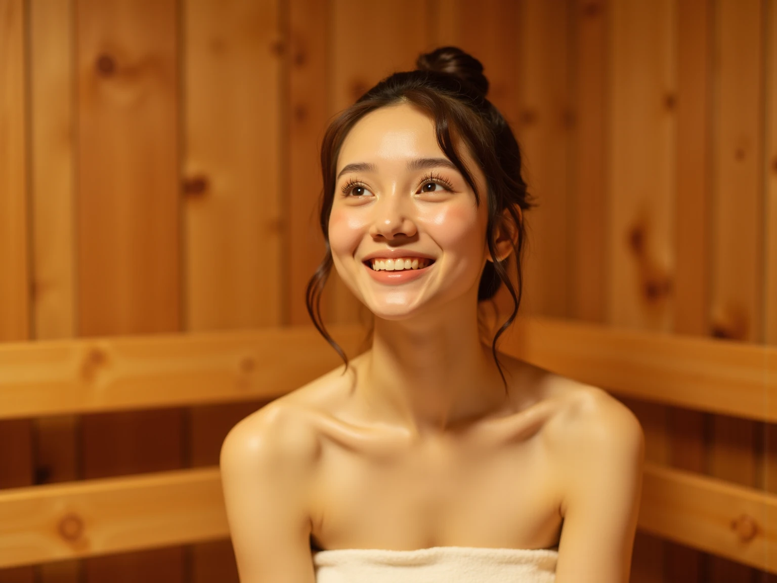 1girl in, Solo, (masutepiece, Best Quality, 8K,,Photorealistic, Real Girl, mulberry:1.37), look up at viewer, Cute 18 years old Japan, Slender body type: 1.1, Small breasts, Sitting, sauna, Double eyelids, drooing eyes, A dark-haired, (Sweaty face, Sweaty body: 1.2): 0.2, (White Oversized Towel Dress, Strapless), (White towel turban: 1.1), Finnish sauna, Realistic body, makeups, gloss lips, Focus on Face, Smaller face, A smile、A smile、Sharp Focus, layered cut, Facing the viewer, The sauna includes:.., Shot from the front