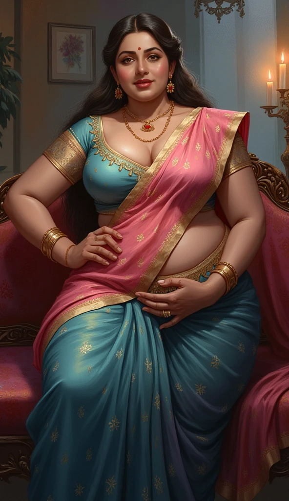 Fat plus size indian bhabhi wearing blue cut blouse and saree, fat belly ,fat buttocks
