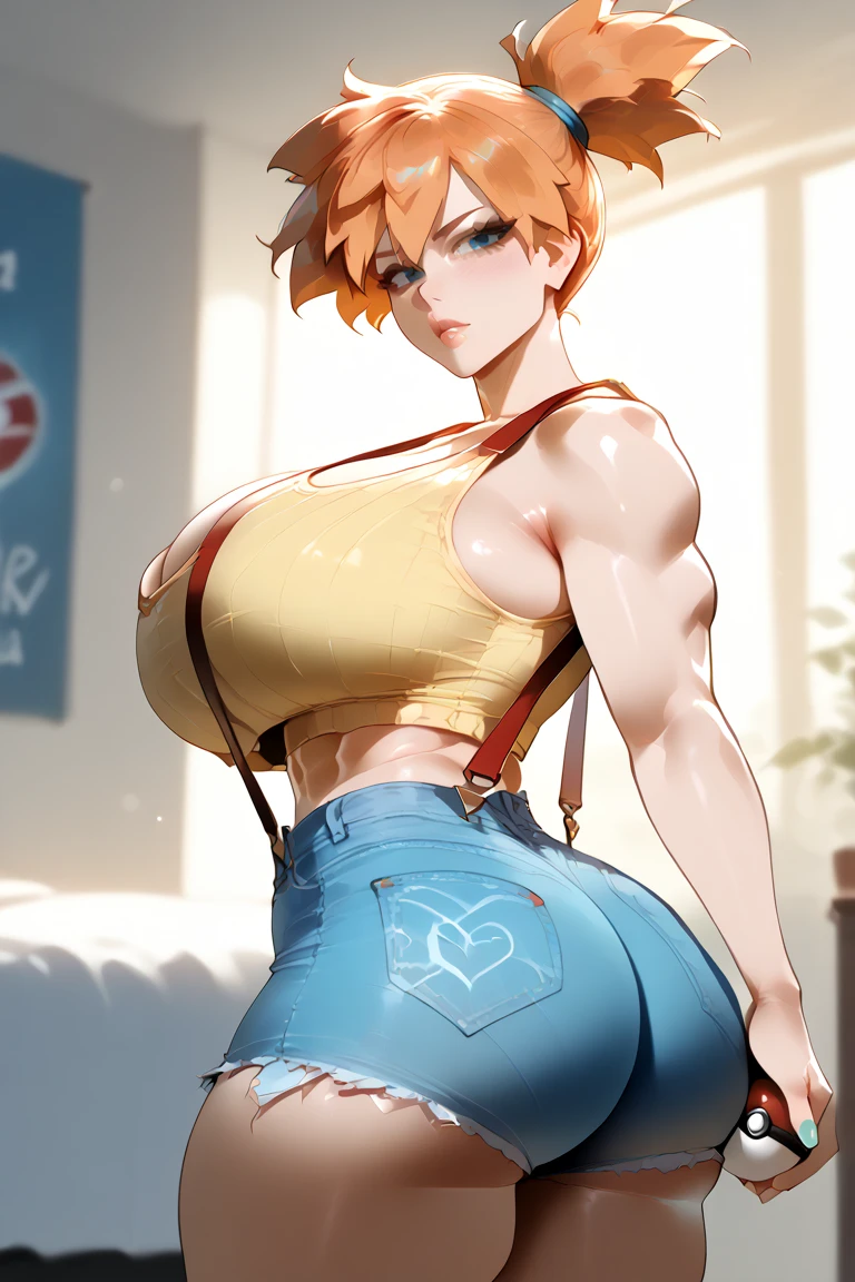 (Misty de Pokemon)(HD)(detailed)(artwork)(symmetrical)(correct and well-defined body parts)(seductive pose) Slut milf. Baby milf. Huge oversize tits. slut face. Wide hips. thick thighs. Yellow mini t-shirt. Very short micro jeans.