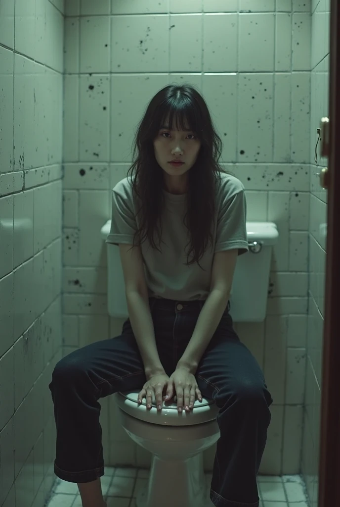 

(Old public toilet)black hair korean actress korean woman.Wear skinny jeans that fit your body well and a short-sleeved T-shirt that fits your body well.....Sitting on the bathroom toilet.very big breasts.very big breasts.jib.((8k)).With a surprised look. skinny woman with scared expression.Young woman in her 20s
