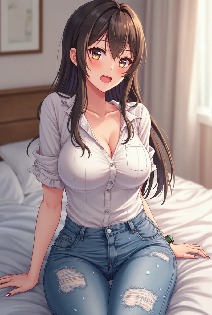 masterpiece, highest quality, Excellent_Mikoto, brown eyes, long hair, big breasts, alone, closed mouth, 襟付きのshirt, shirt, 白のshirt, Blue jeans pants, sexual behavior, Hotel, bed, arms crossed, (realistic), (realistic), 1 girl, smile, looking at the viewer, smile, full body photo