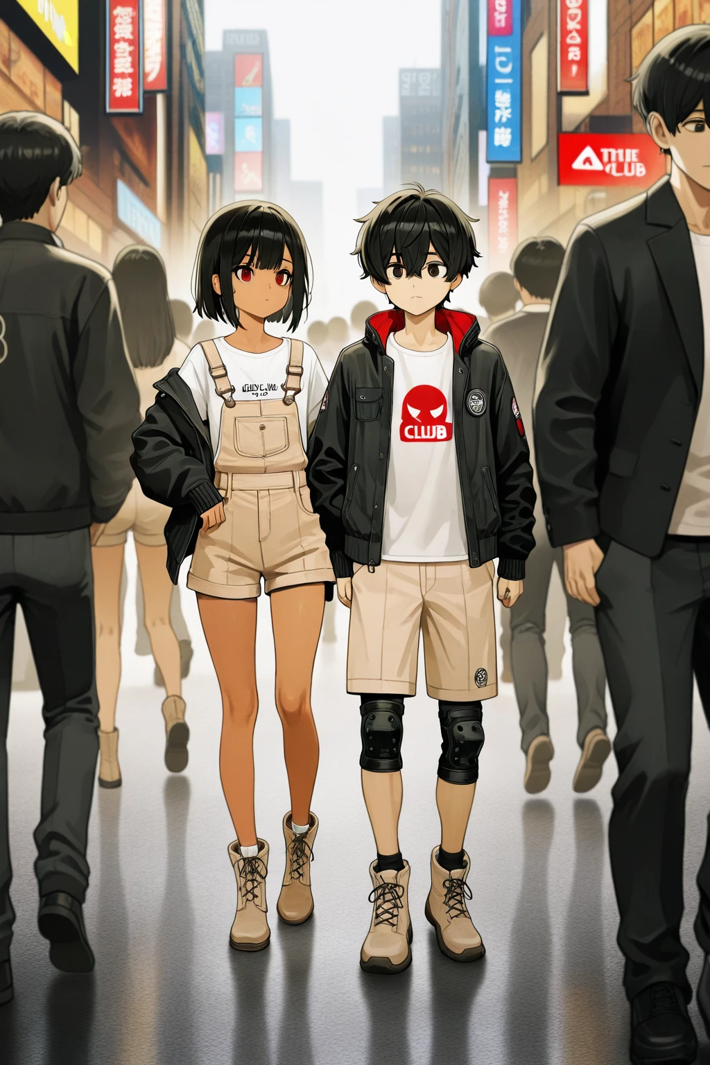 score up_9,score up_8,score up_7,best quality,super fine illustration,super detailed,8k, source_アニメ,1boy and 1girl,Punk Style,In town,BREAK,tattoo,black jacket,cool,sunglasses,