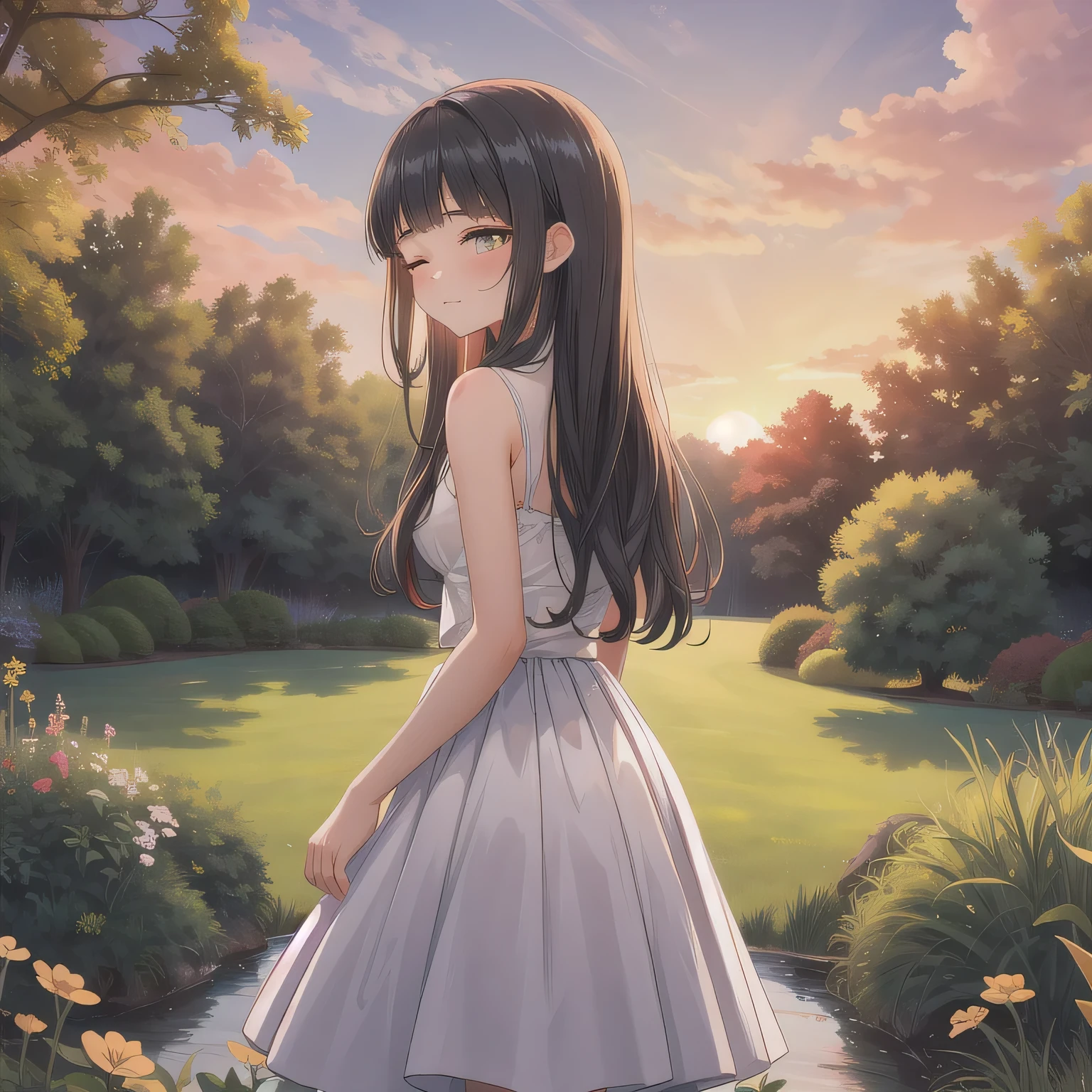 長い髪、黒髪、紫の目。A breathtakingly beautiful 20-year-old woman stands in a lush green park at sunset, bathed in the warm golden light of the evening sun. Facing forward, her eyes gently closed, cheeks slightly flushed, and her face tilted upward as if anticipating a kiss, she embodies serenity and romance. The soft hues of the sunset complement the tranquil surroundings, enriching the dreamy atmosphere.