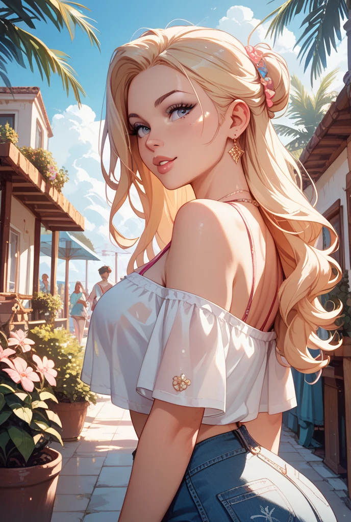 skinny blonde girl , huge boobies , cropped and skirt , long hair , beautiful , gigantic boobies , big tits , sexy , innocent , smart