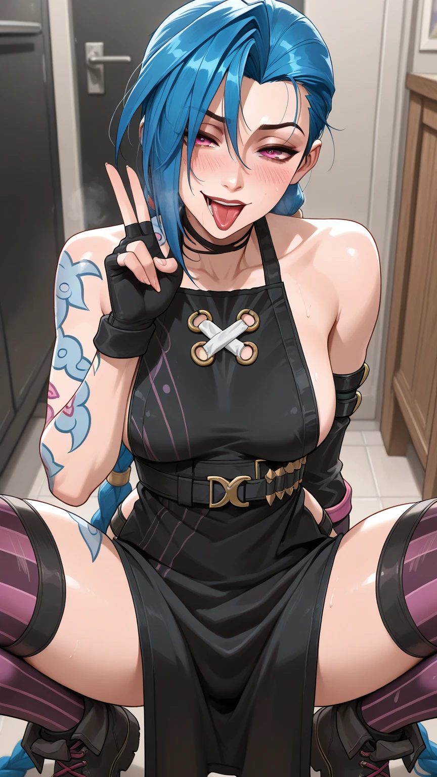 (masterpiece、top-quality、hight resolution、Unity 8k、extremely details CG:1,Best Picture), nightclub、(((slut、20years old、invites)))、(panty shot))、from front, golden earrings, nsfw, shikims, gloves, bare shoulders, (tattoo), sideboob, gloom, heterochromia, blue eyes, red eyes, large breasts, focus on cleavage, ((solo, 1girl))