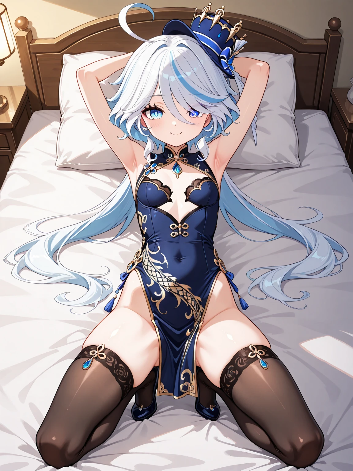 (((thigh highs))), large breasts, Chinese clothes, Chinese dress, streaked with silver and blue hair, bare shoulder, one side up hair, silver hair, in the bedroom, smile, (((see-through clothes))), (((slim legs))), long hair, (1 girl), (((sitting)), cat ears, cute body, body, from above, wariza,