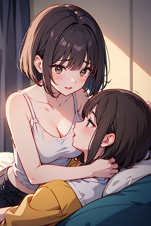 in 8K、top-quality、masterpiece、ultra-detailliert、Ultra-high resolution、Anime style、Two men and two women、Medium chest、natta、On the futon、fullnude、poneyTail、Are sleeping、Having sex、rub one's breasts、Red face、((is crying))、Opening Mouth、exclamation、 insertion、Men's Perspective