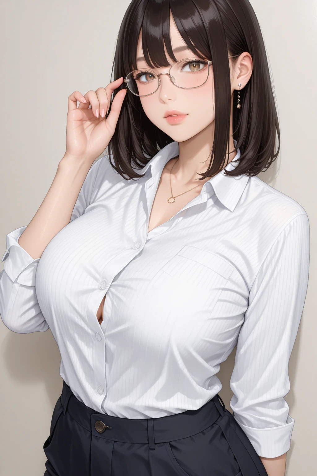 masterpiece, 1 girl, black hair, short hair, wearing eyeglasses, ( hand on eyeglasses ), best quality, (( open white shirt : 1.4 )), outdoor, summer, upper body, ((( magazine cover )))