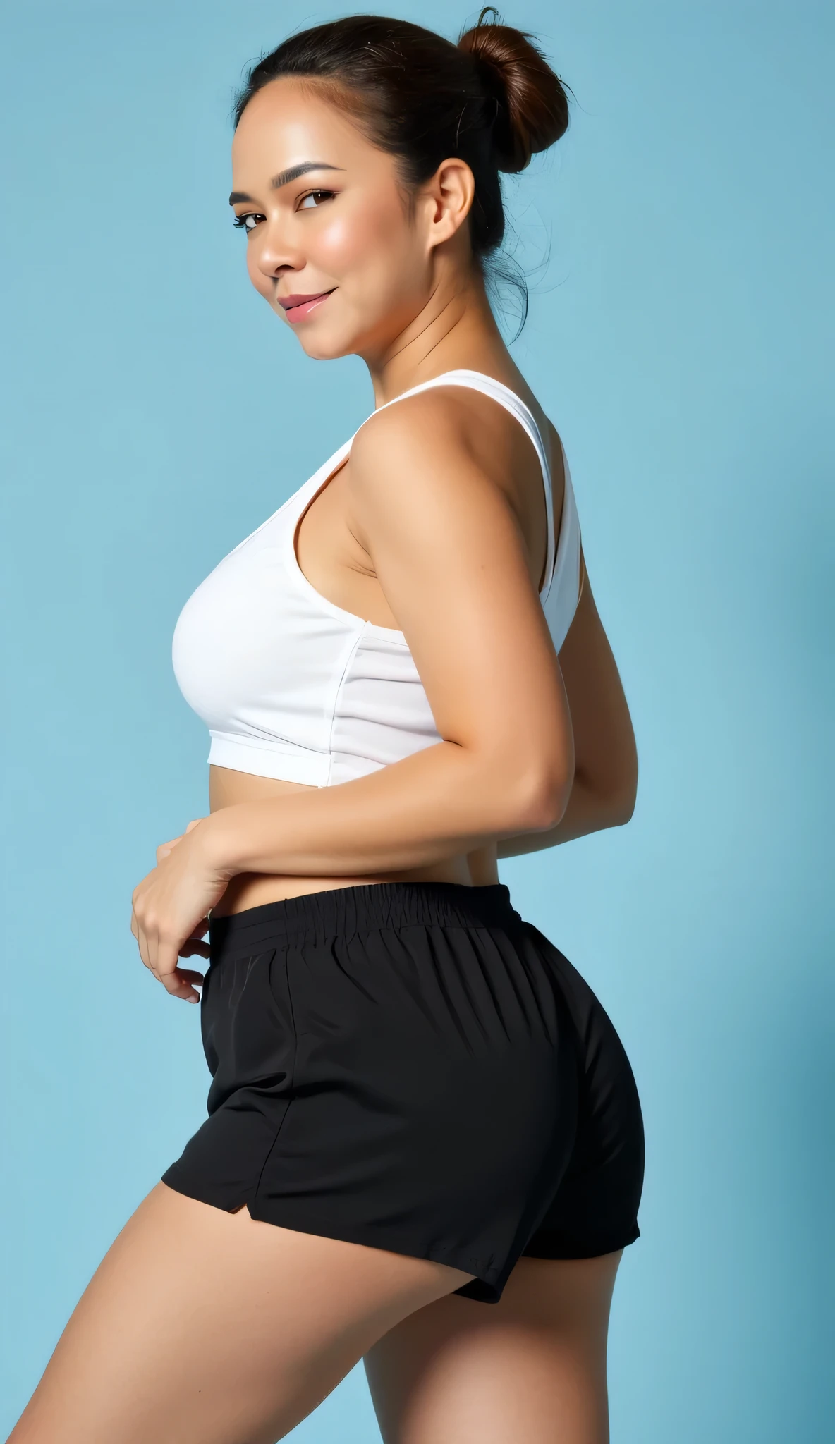 European young woman beautiful breasts with medium blond hair Fair-white skin, wearing a tight, cropped, sleeveless tank top. Tight stretch pants, slightly torn shorts, wear a suit over the outside, revealing the shirt inside., elegant pose , muted background