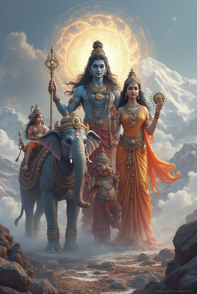 “Revival of Ganesh”: Lord Shiva placing an elephant’s head onto Ganesh’s body, with Devi Parvati’s tears and Shiva’s compassionate expression visible.