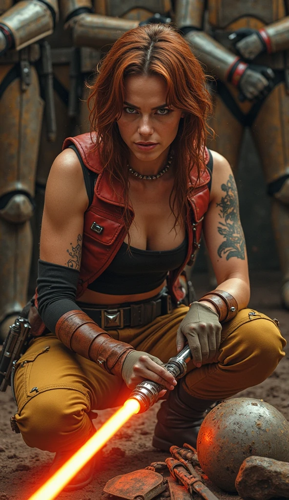 LidFF, 1girl, solo, short hair, orange gloves, cleavage, bare shoulders, jewelry, medium breasts, green eyes, yellow eyes, ponytail, red hair, belt, necklace, bracelet, armband, armlet, goggles on head, orange overalls, red jumpsuit,