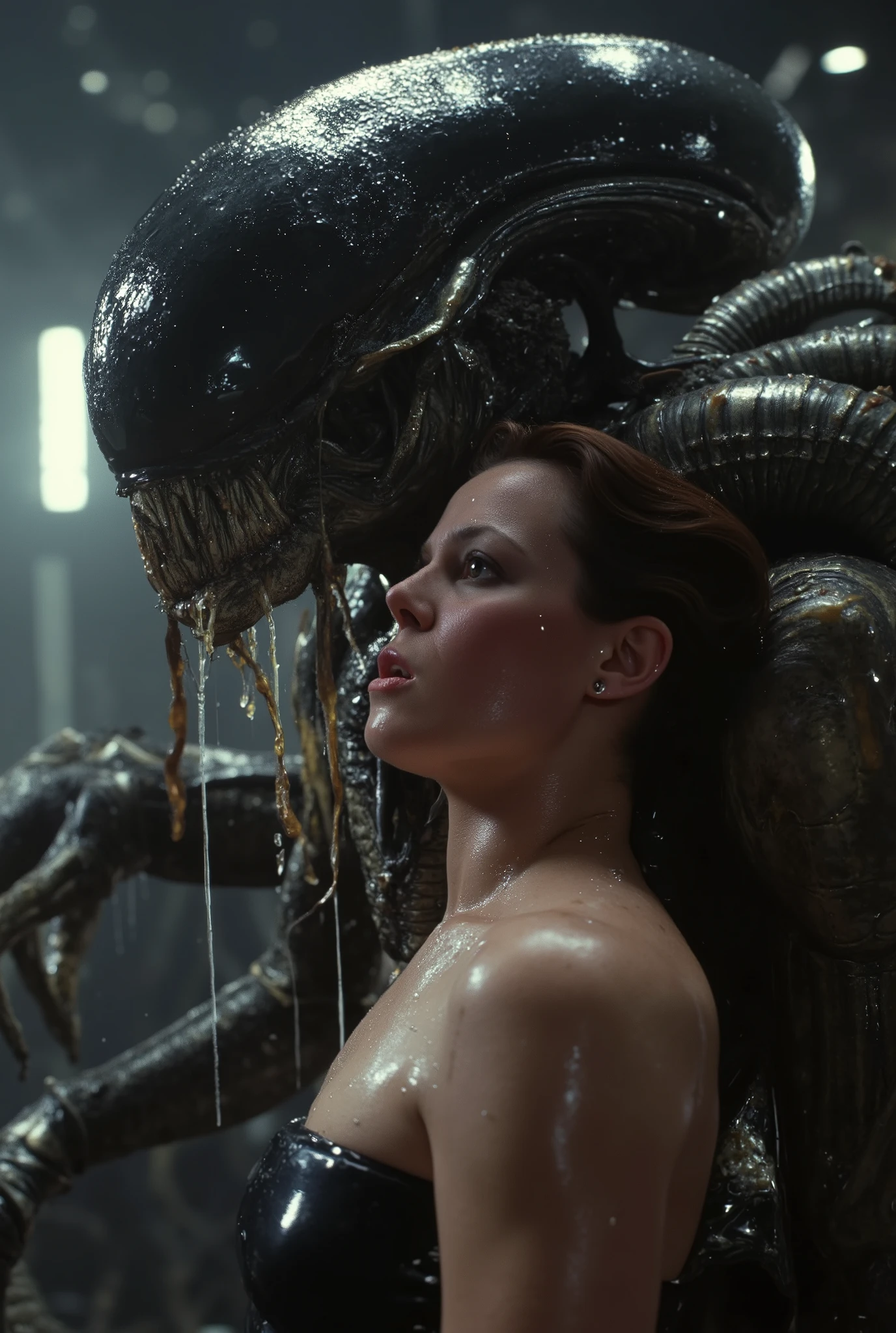 a massive xenomorph dick fuck unconscious Ellen Ripley pussy hard, Ellen Ripley is gunge all over her body and cum on her face