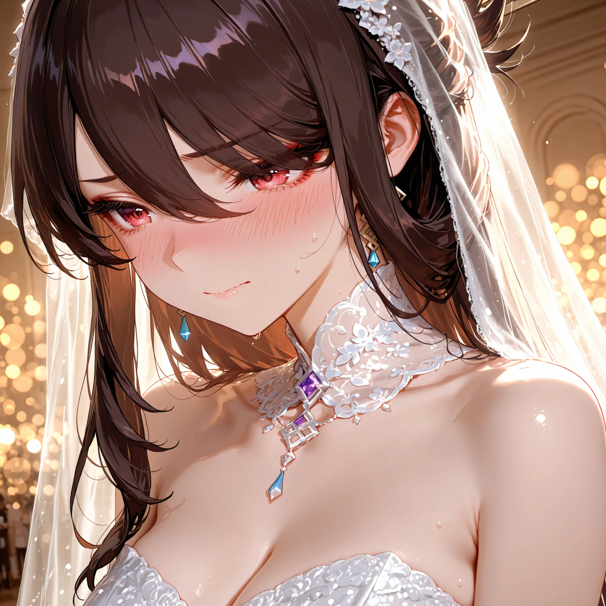 masterpiece、top-quality、(brown colored long hair、I have bangs:1.1)、25 year old woman with purple eyes、wearing a red off-shoulder dress、(Emphasis on the chest:1.1)、(modest smile expression:1.3)、(Staring:1.5)、(Close-up of the subject's face:1.3)、is standing、five perfect and beautiful fingers、place the camera over the subject、The background is the party venue、Bold composition、Upper body is shown、Alone、