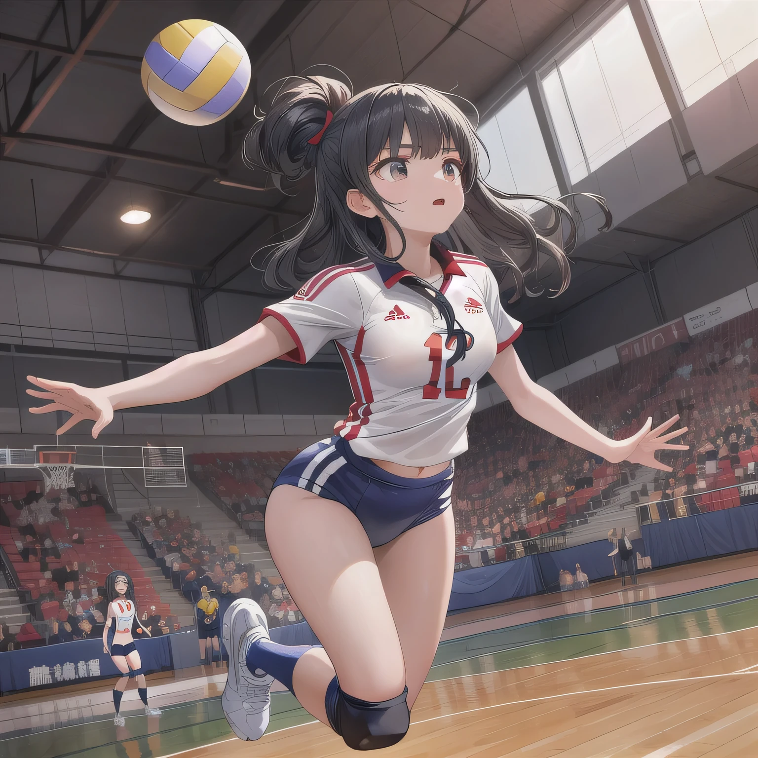 長い髪、黒髪、紫の目。A breathtakingly beautiful 20-year-old woman soars into the air on a volleyball court inside a brightly lit gymnasium, preparing to spike the ball with precision and power. Her athletic form is accentuated by a sleek, form-fitting uniform, and her intense gaze remains locked onto the target. The polished wooden floor reflects the motion, enhancing the dynamic energy of the moment as she displays her skill and determination.