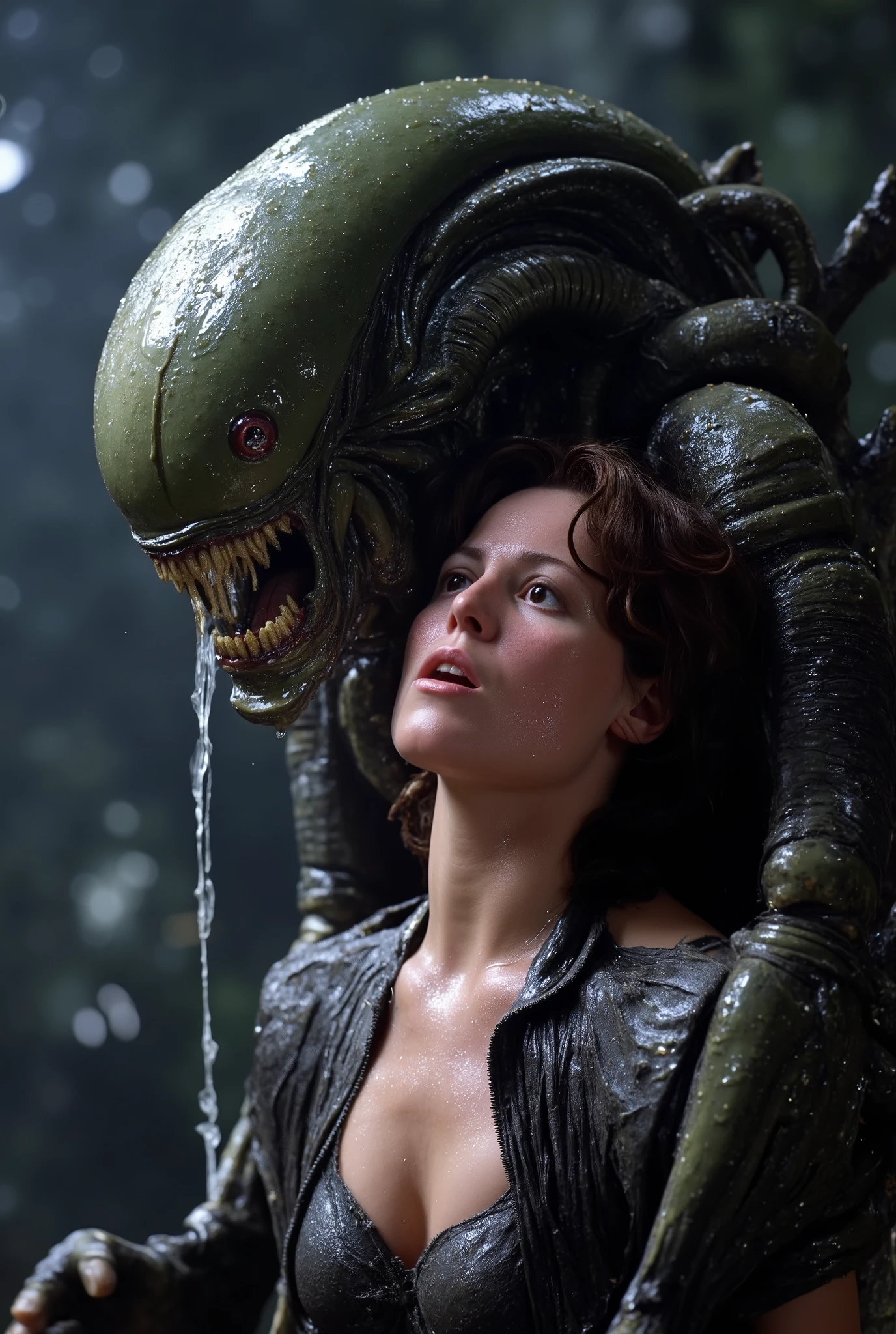 a massive xenomorph dick fuck unconscious Ellen Ripley pussy hard, Ellen Ripley is gunge all over her body and cum on her face