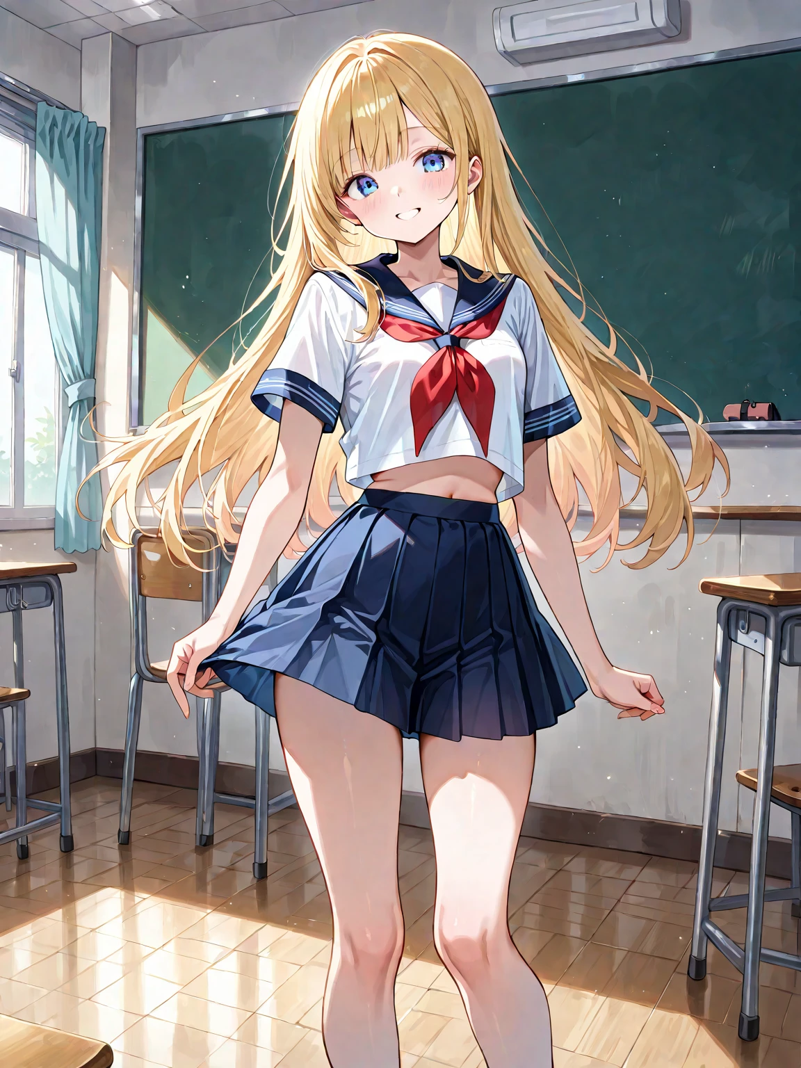 masterpiece, best quality, highly detailed, ultra high res, ayase arisa, kitagawa marin, 1girl, solo, hair ornament, flower in hair, blonde hair, glossy lips, full lips, choker, school shirt, pleated miniskirt, thigh highs, classroom