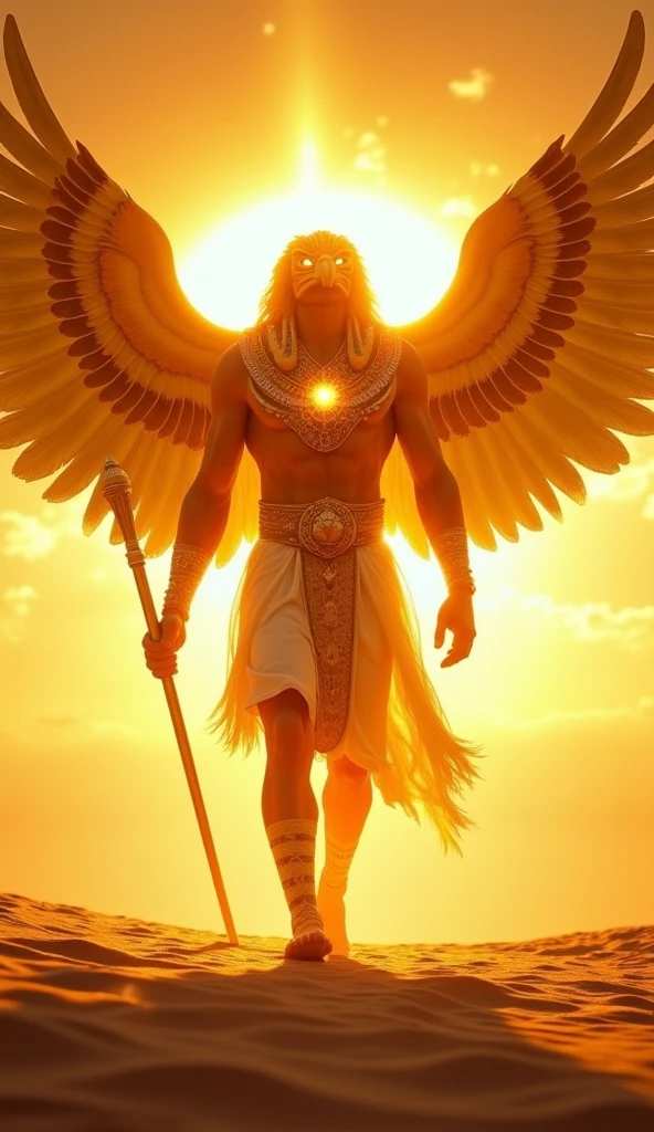 Create a photo-realistic image of Shu from Egyptian mythology in the act of separating the sky from the earth, showcasing his powerful role in the creation of the universe. Include realistic details, vibrant gradient colors, and a detailed background. Apply best quality, masterpiece, and absurdres settings.