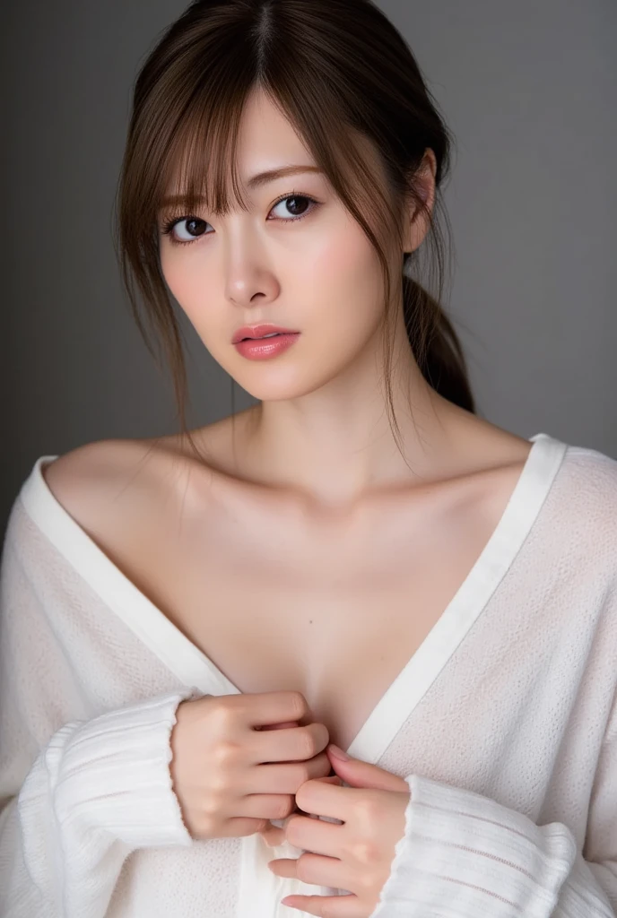 You are a professional photographer。, Sex Appeal,Albedo and Specular Maps,
(Wearing a sexy fluffy costume, Chest is taut:1.6),
(Nipples are clearly visible even through clothing, The cleft in the crotch is clear, Super beautiful feet:1.5),
(She is lying on her back on the bed, I'Being in a position to have sex, Open your lips slightly:1.6),
(Large bedroom, Cute Wallpapers, wake up:1.4),
((24-years-old, Beautiful female announcer, naughty lips, blush, My hair is messy, Body facing forward:1.4)),
((Small breasts, Flat Chest, chest is slightly drooping:1.2)),
Eye focus, Watery eye, Narrow shoulders, Beautiful clavicle, Thin arms, Thin legs,
Slim figure, Soft belly, Tight waist, Ultra detailed face, super detailed breasts, Ultra-detailed skin,
Ultra-detailed lips, Fuller lips, Thick and soft lips, Glossy Lips, White teeth,
Beautiful actress makeup, compensate, Dark lipstick, Dark brown hair, Delicate and soft hair,
Let your hair down, Fluffy short bob, Sweep your bangs to the side,
Stylish earrings,necklace,