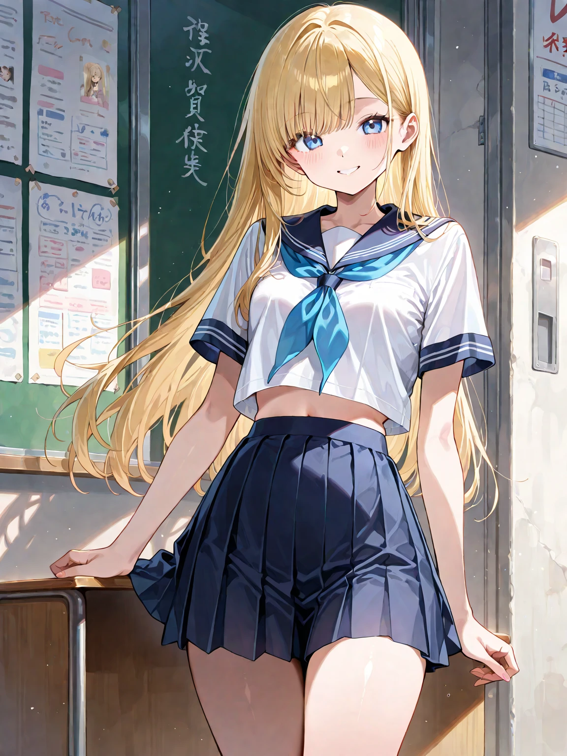 One person!!、Baby Face、Innocent face、human、Smiling 6 year old girl、Long Hair、Blonde!、With bangs、small、1st grade elementary school students、Big eyes、barefoot、black eye、cute、Are thin、凄くsmall胸、身長のsmall、体のsmall、Short legs、、Are standing、School、Schoolの制服、Short sleeve、Bare Skin