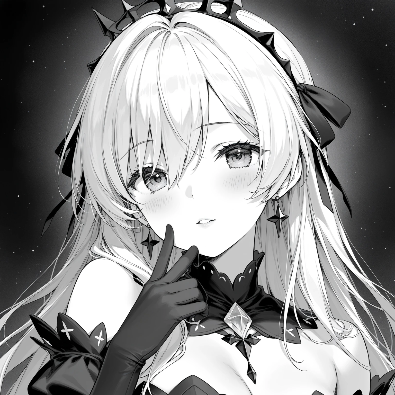((Highest quality)), ((masterpiece)), (detailed), anime Fairy magic City monochrome romantic Calm Retro Style Elegant and detailed feather design Vintage Dresses accessories Light effects Gothic goddess Silver hair femdom