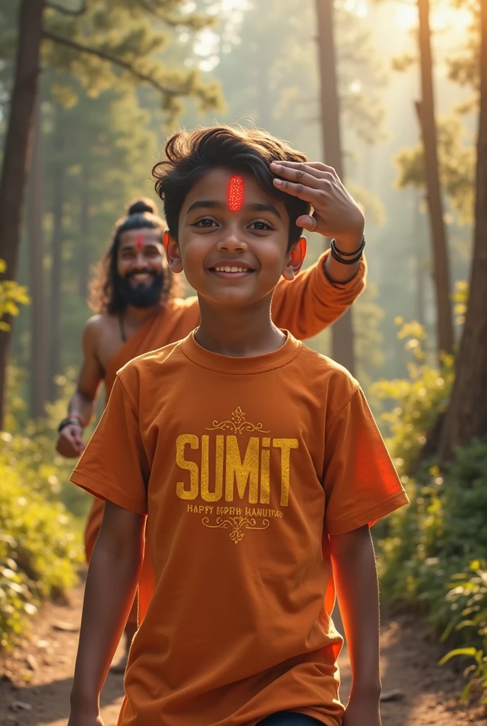 create a high quality realistic image, lord Hanuman and a 18 year old teenage boy hugging are Warking with each other, boy is wearing white t-shirt on which his name “Rajan”is written boldly on top, both are happy, environment is mountain, background is of tree, image should ultra clear, hyper realistic, 4k.