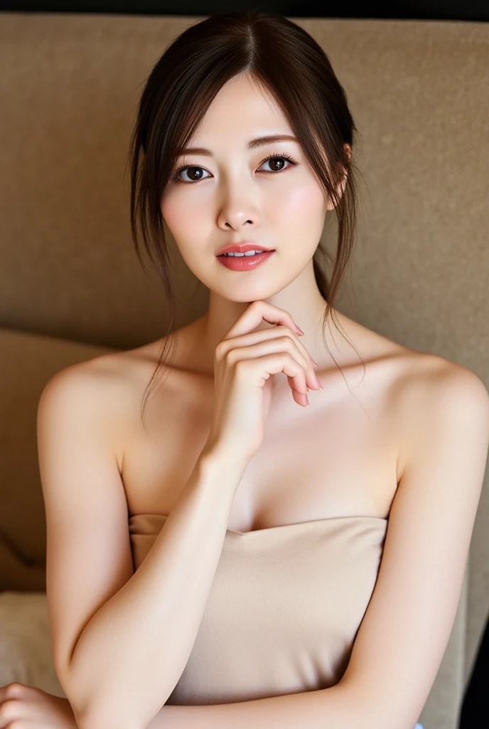 ((highest quality, 超A high resolution、The most complex and detailed depiction))、look at me、The best smile、Long Wavy Hair,whole body, Lying on the futon,cute,Big Breasts,(((nude))),Japanese actress,Nipples,2People actress