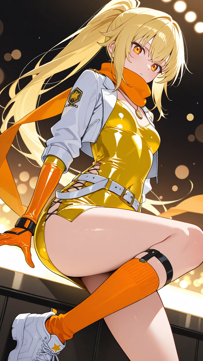 (cowboy shot:1.6),(Low Angle,from below:1.8),8k, 1girl,dark room,(cheerleader costume with micro miniskirt,see sexy-white-panty,form micro-miniskirt:1.7),(rope shibari over the clothes,bound,open leg:1.8), (arms up,tie her wrists together :1.8),night, medium breasts,(with natural pointy tits:1.4) ,arms up, 1 girl, 18yo,Young female,Beautiful Finger,Beautiful long legs,Beautiful body,Beautiful Nose,Beautiful character design, (long hair,pony tail:1.8),perfect eyes, perfect face,(frown,bite lip:1.4,disgust,open eyes tightly,glaring,crying,nose-blushing,:1.2), solo focus, cowboy shot, (masterpiece:1.4),(best quality:1.4),(shiny skin), NSFW,official art,extremely detailed CG unity 8k wallpaper, perfect lighting,Colorful, Bright_Front_face_Lighting, (masterpiece:1.0),(best_quality:1.0), ultra high res,4K,ultra-detailed, photography, 8K, HDR, highres, absurdres:1.2, Kodak portra 400, film grain, blurry background, bokeh:1.2, lens flare, (vibrant_color:1.2) ,steaming body ,