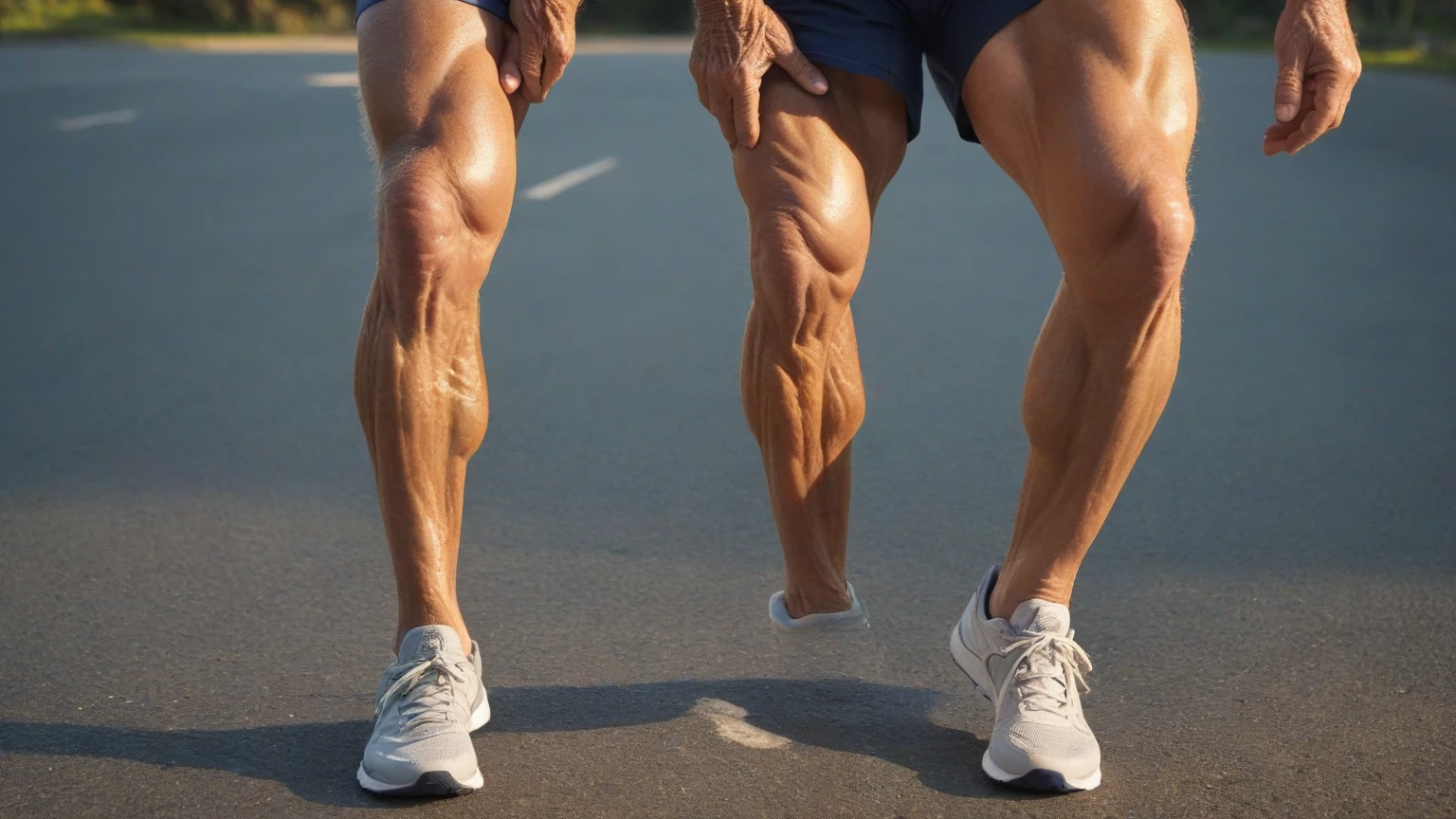 Male legs athlete legs symmetrical muscles side view