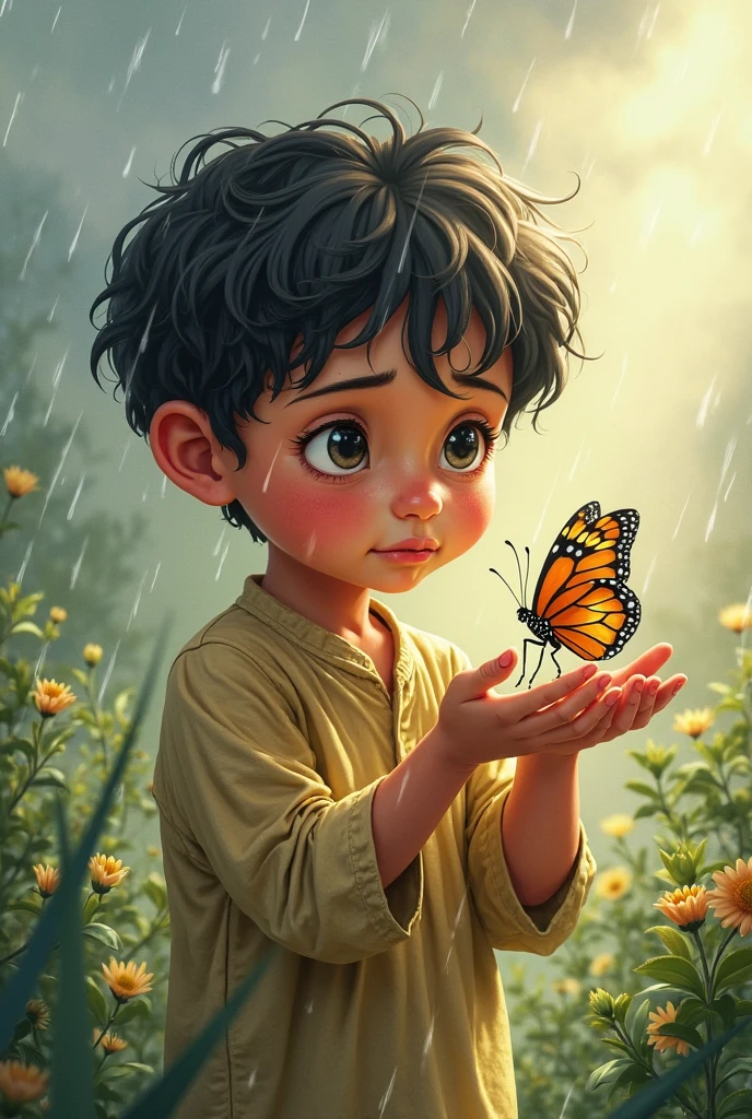“Feeling pity for the struggling butterfly, the boy carefully takes a small pair of scissors and snips the cocoon open. The butterfly easily slips out, but something seems wrong.”