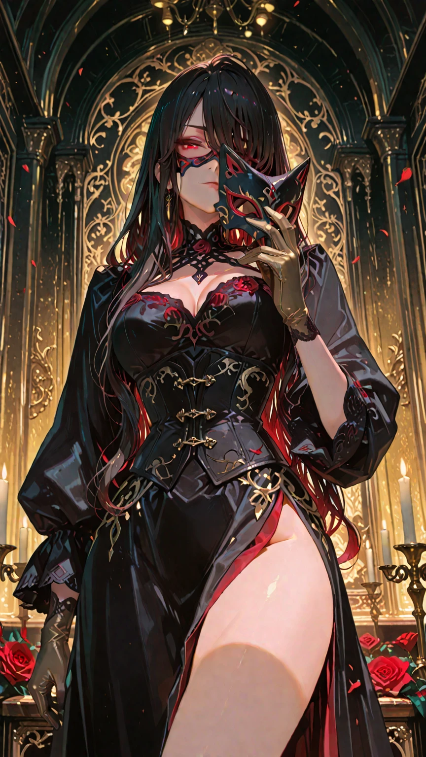 ((anime artstyle)),(Masterpiece),(Best Quality), (Super Detail),((Very Delicate and Beautiful)),((Solo)),((full body)),((1 arrogant demoness in black red and gold gorgeous full ball gown with voluminous fluffy skirt)),((BlingBling)),((arrogant)),(((stoic expression))),(Purple eyes),Sharp eyes, detailed face and eyes, jewel-like eyes,((Very Long voluminous black Hair)),Straight Hair,((Bangs between eyes)),((gorgeous full embroidery and lace)),gorgeous corsage, See-through, gorgeous full hair ornament, gorgeous gnarled crown of thorns, (((pale pink skin))), ((Plump breasts)), skindentation, ((full body)), ((hoop skirt, crinoline)), gorgeous full jewelry ornaments, Dynamic Angle, Looking at viewer, baroness of hell, throne of thorns, black briar, (((embroidery made of thorns, black red and gold gorgeous full ball gown with voluminous fluffy skirt))), (full body)