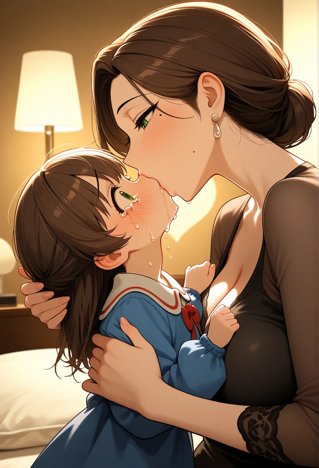 A person, A person, mature woman, mother and son, child, blush, Place your hands on your shoulders,breasts big、kiss mark、vapour、sweat、excited 