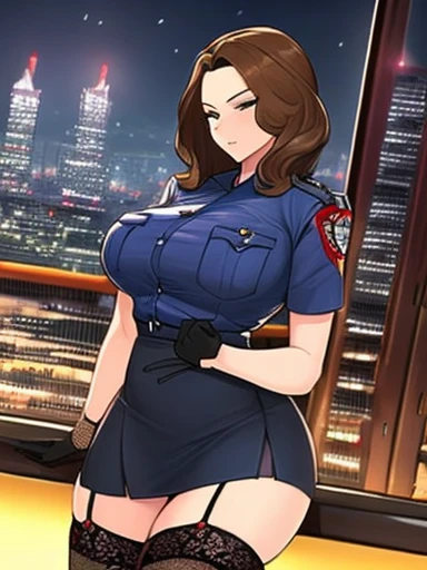 Portrait of gldot as a beautiful female model, georgia fowler, beautiful face, with short dark brown hair, in cyberpunk city at night. She is topless and Skirt,dramatic lighting, (police badge:1.2), full body Image