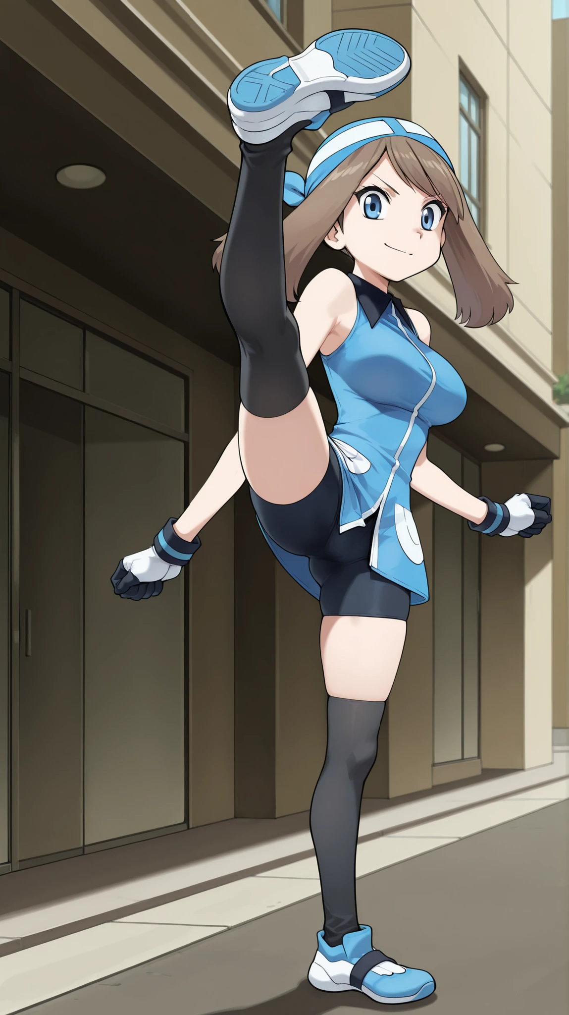 adult older sister, Tall, big boobs, high kick, Kick the viewer, black knee-high stockings, Absolute region, thighs, Blue shoes, ((anime screenshot, anime cong, )) SapphireBirchILXL, ((top quality)), ((masterpiece)), ((details)), solo, 1girl, two legs, two arms, anime coloring book, 1 woman, Age 18, Full Body, slim sexy body that can be licked by mobs, Brown hair color , twin tail, blue eyes, A determined smile, blue bandana, blue sleeveless tunic, Miwaki, black bike shorts, gloves, standing, City, Sidewalk, May, (\Pokémon\), score_9, score_8_excellent, score_7_excellent, score_6_excellent, Source_anime, cell shading, gradation background, vector,