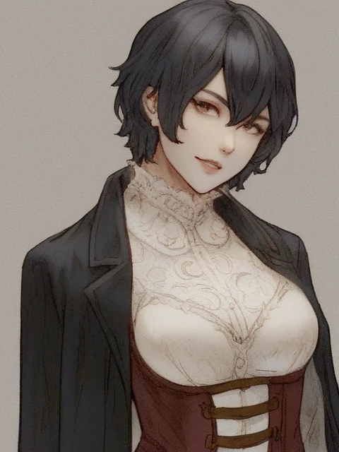 big titty goth woman with short black hair, fishnets, black crop top, tight black skirt