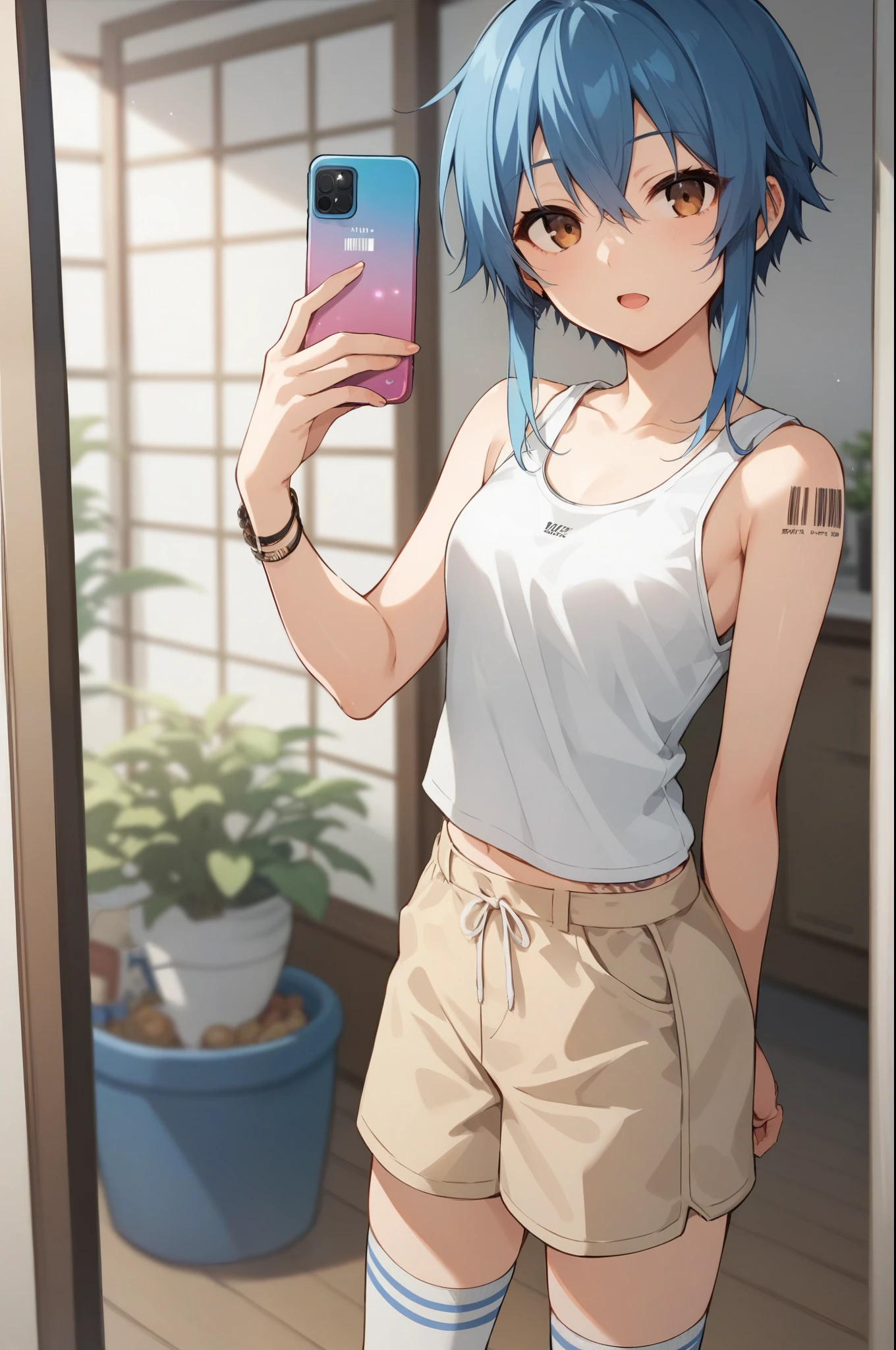 score_9, score_8_up, score_7_up, score_6_up, Source_Anime, nsfw,young Japanese petite woman with blue hair and brown eyes holding a cell phone,Short Height,skinny,sexy Japanese woman with blue hair and blue glowing eyes、tank top,tattoo、barcode on lower abdomen,long socks、I have a cell phone in my hand。 in hip hop style clothes holding a cell phone, Animeスタイル,glitter, depth of subject,Kyoani style,fisheye lens,