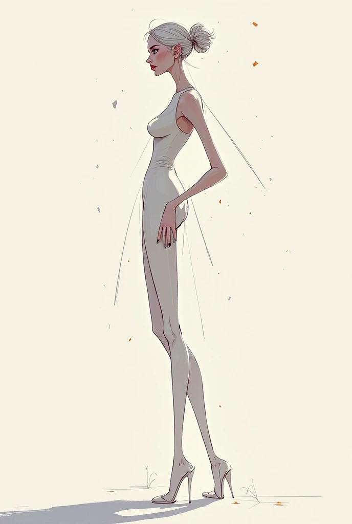 skinny, naked, very tall. anthropomorphically long skinny legs , Floating in the vastness of space in the galaxy. full-length naked. silver hair, heels small shoe size