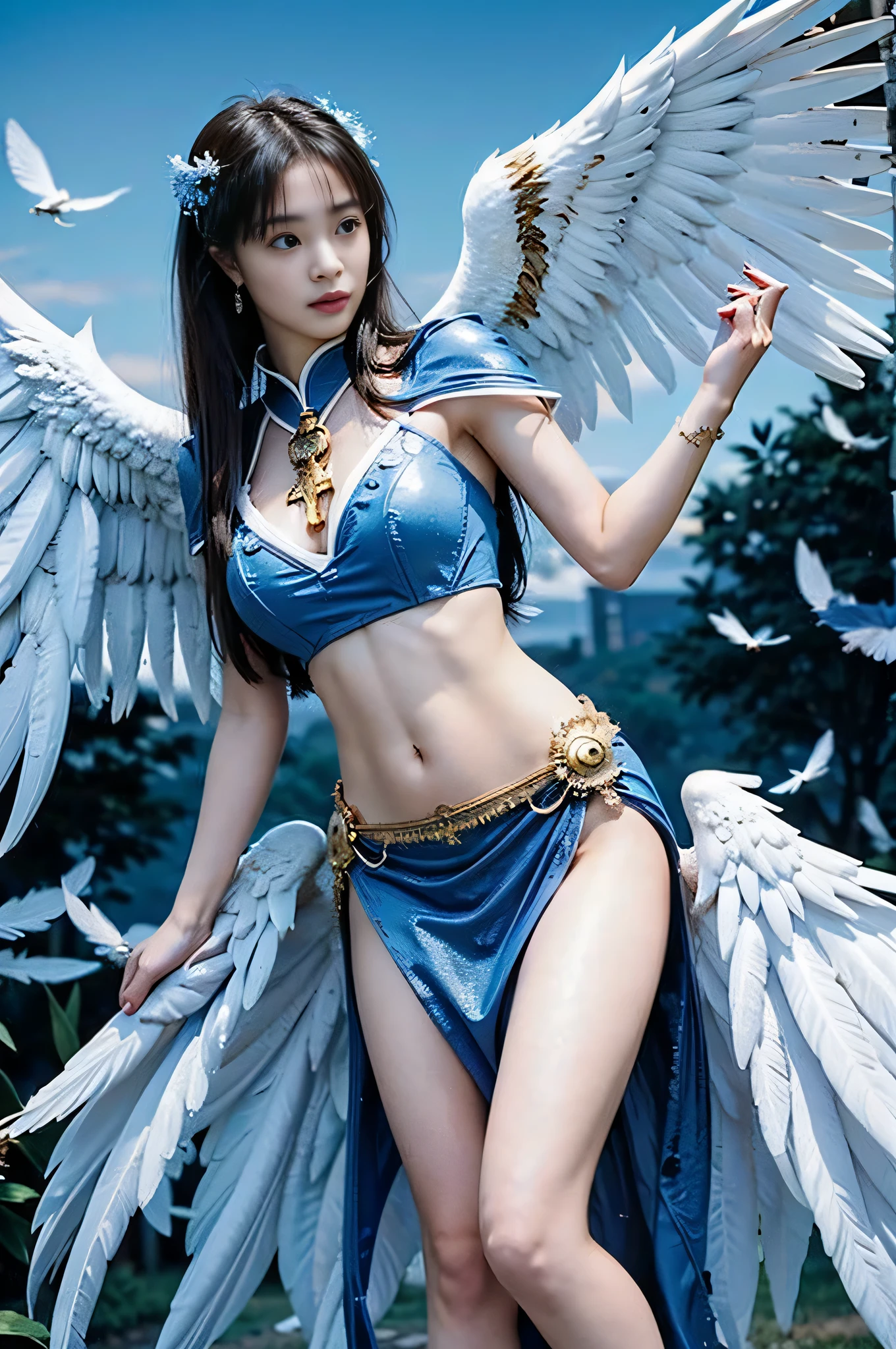 Sexy angel, hyperrealistic masterpiece, epic, bright blue eyes, long hair, wide wings