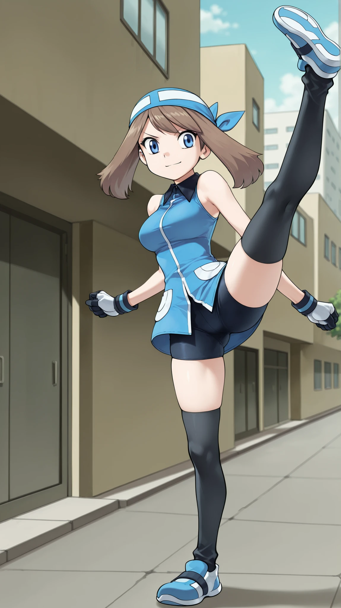 adult older sister, Tall, big boobs, high kick, Kick the viewer, black knee-high stockings, Absolute region, thighs, Blue shoes, ((anime screenshot, anime cong, )) SapphireBirchILXL, ((top quality)), ((masterpiece)), ((details)), solo, 1girl, two legs, two arms, anime coloring book, 1 woman, Age 18, Full Body, slim sexy body that can be licked by mobs, Brown hair color , twin tail, blue eyes, A determined smile, blue bandana, blue sleeveless tunic, Miwaki, black mini bike shorts, gloves, standing, City, Sidewalk, May, (\Pokémon\), score_9, score_8_excellent, score_7_excellent, score_6_excellent, Source_anime, cell shading, gradation background, vector,
