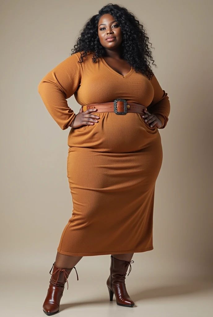 Make a picture of a black woman , long curly black hair, dark shaped eyes, chubby, wearing an orange pleated dress,and a long beige coat down to the knees, black heel shoe,black tights